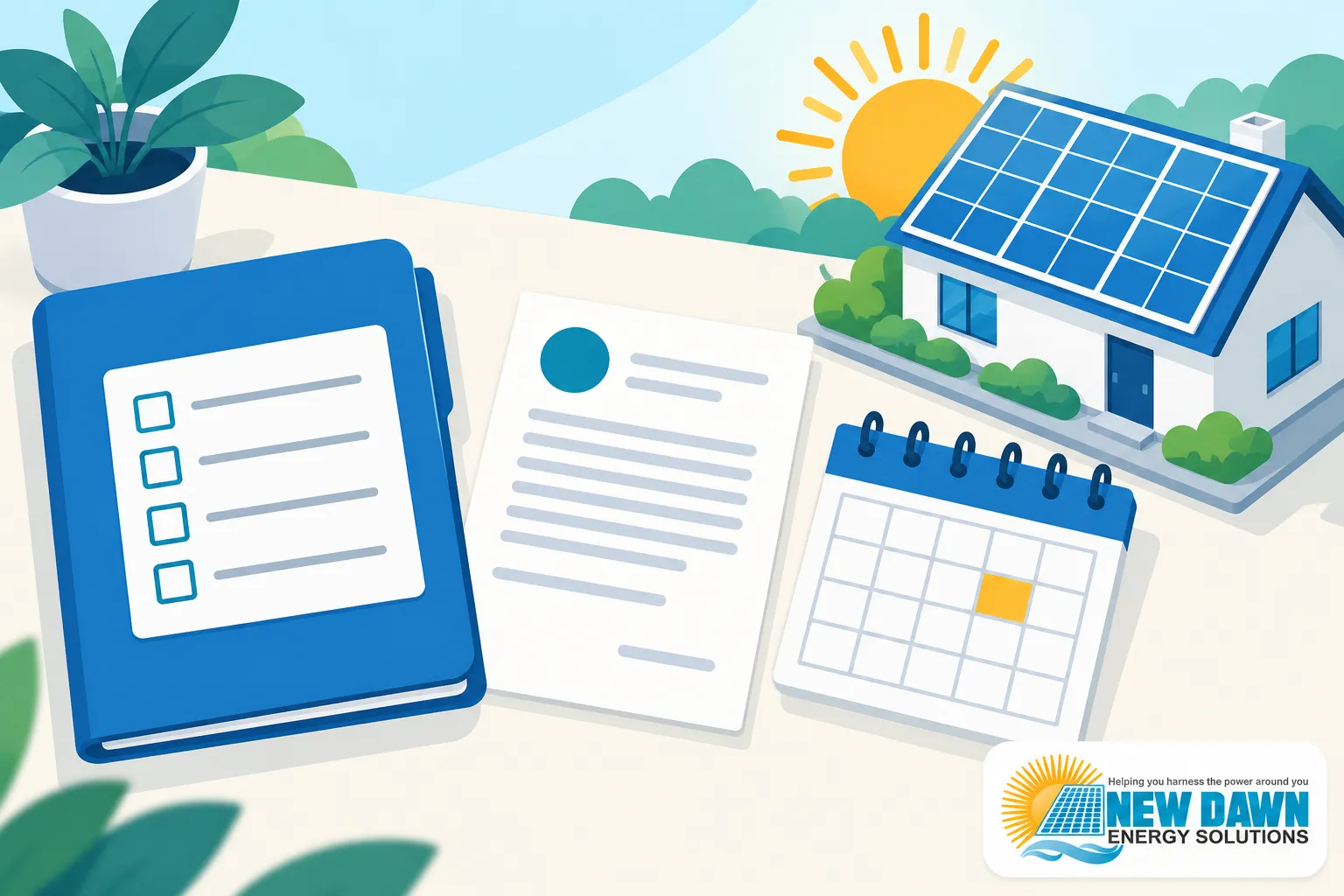 A bright illustration of a solar-powered home with a blue solar panel roof, a calendar, a notebook, and a plant on a sunny