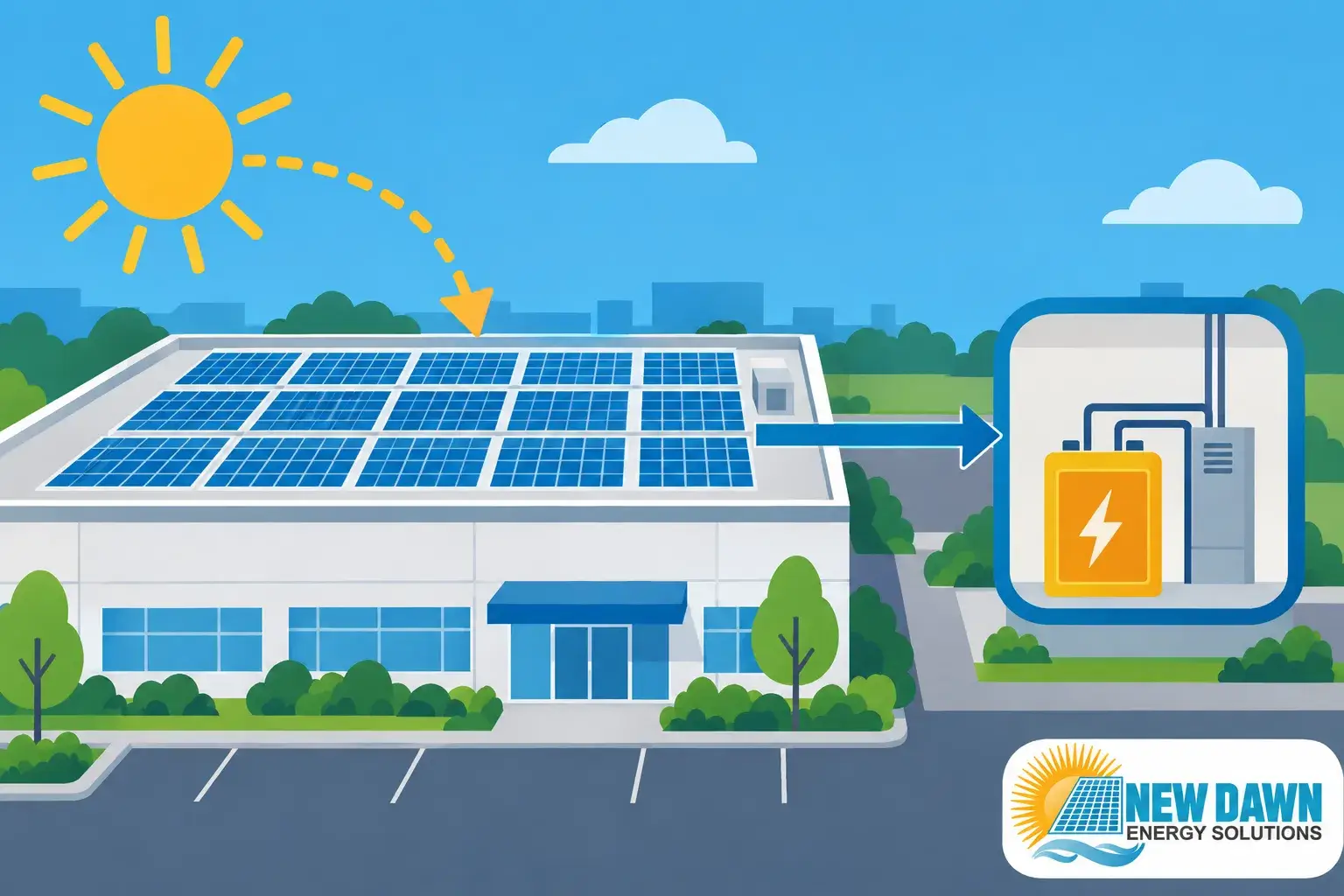 A commercial building with solar panels on the roof connected to a battery system.