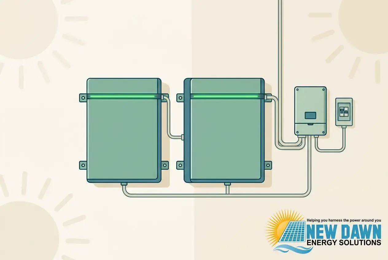 Diagram of two wall-mounted battery units connected to a control box and wiring, illustrating a whole home solar battery backup system.