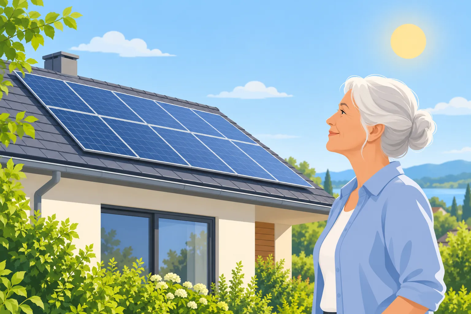 An elderly woman stands outside a house with solar panels on the roof under a bright sun.