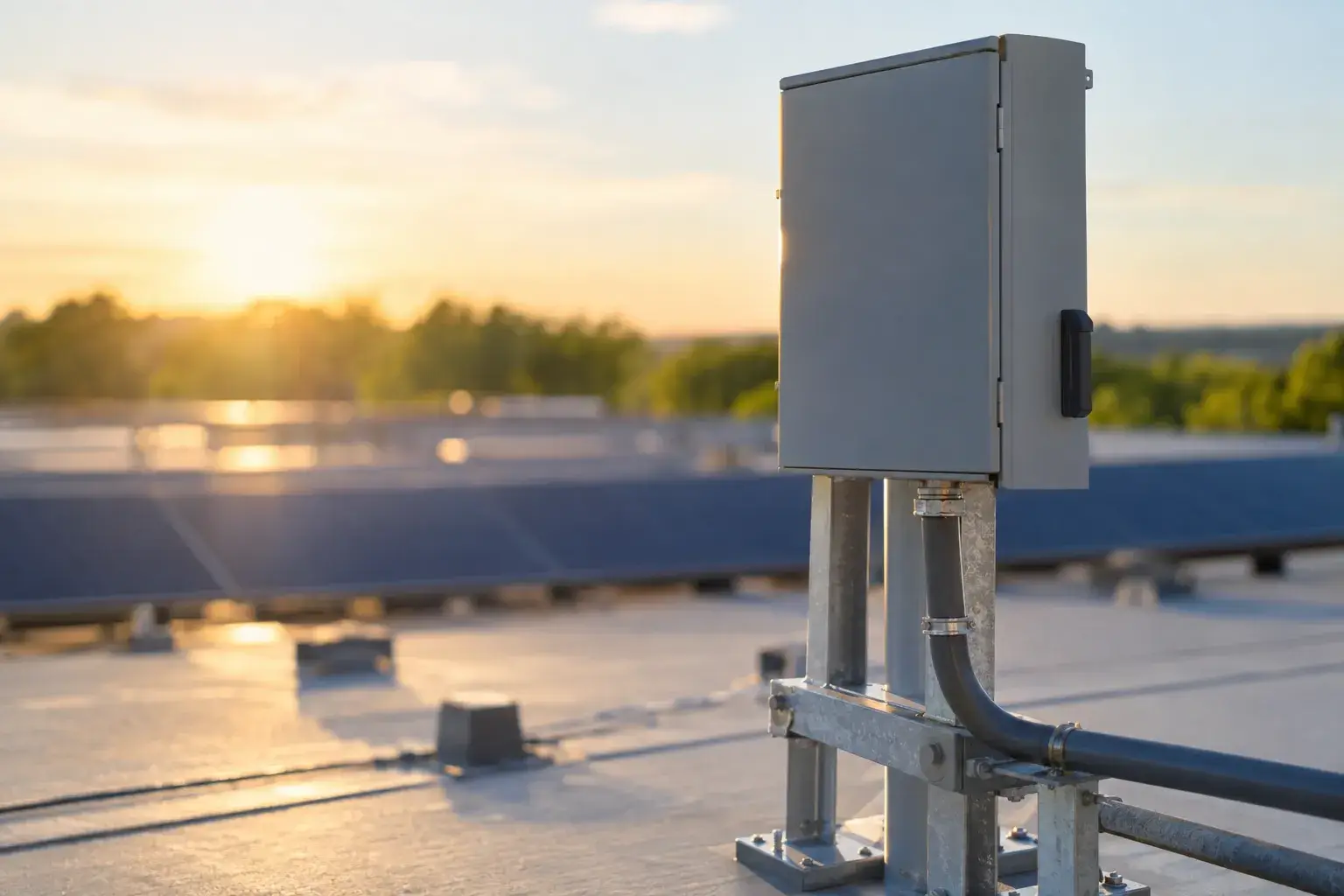 Electrical equipment box and conduit mounted on a roof with solar panels in the background at sunset.