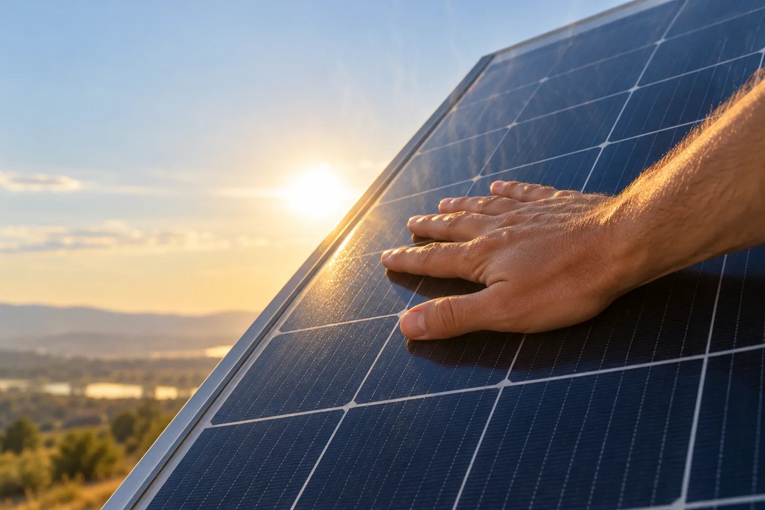 A hand rests on a solar panel under a sunny sky, with the sun low near the horizon.