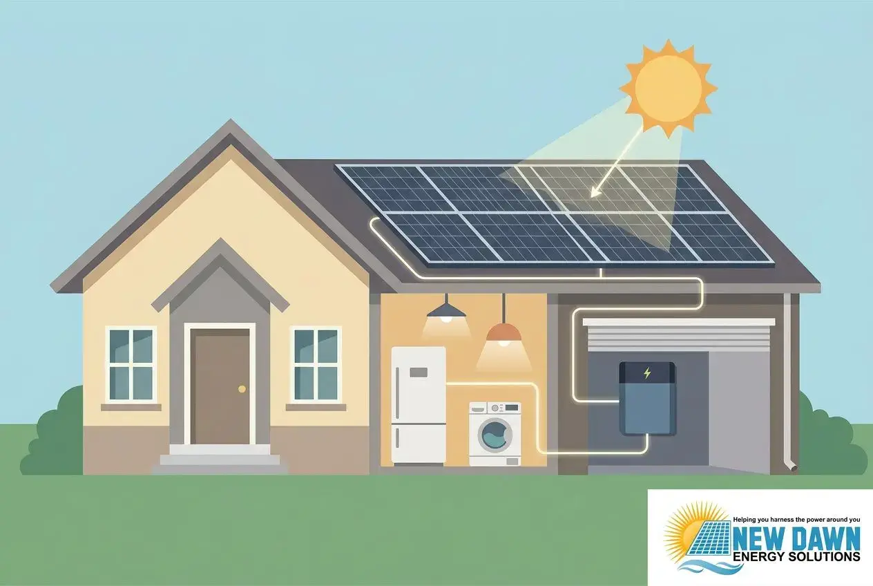 House with solar panels on the roof and a connected energy system, including a fridge, washer, and electrical components; sun shining on panels. Including whole home solar battery backup integration.