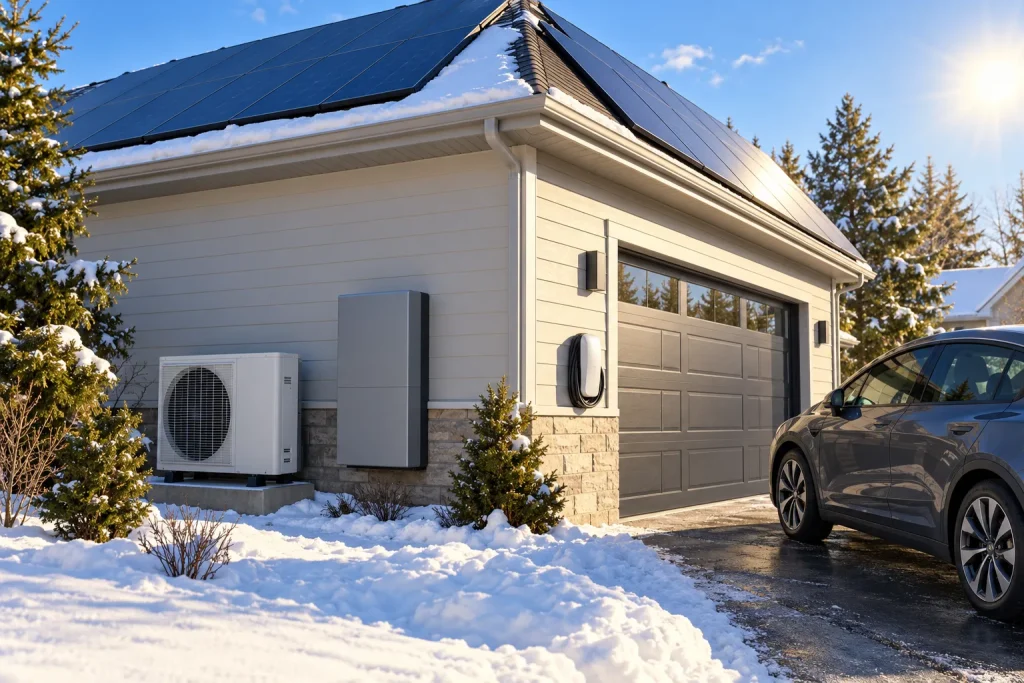 A house with solar panels on the roof, a driveway, and a car parked outside in snowy weather.