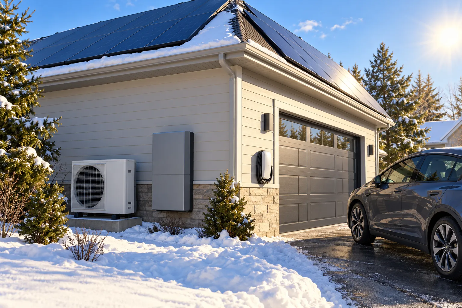 A house with solar panels on the roof, a driveway, and a car parked outside in snowy weather.