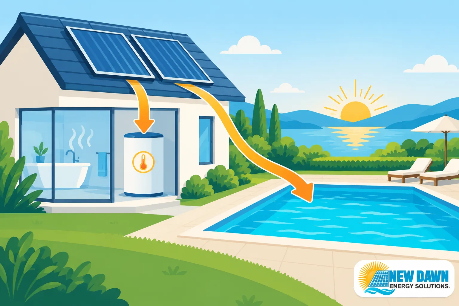A house with solar panels on the roof uses heated water from a tank and directs warmth to a pool area.