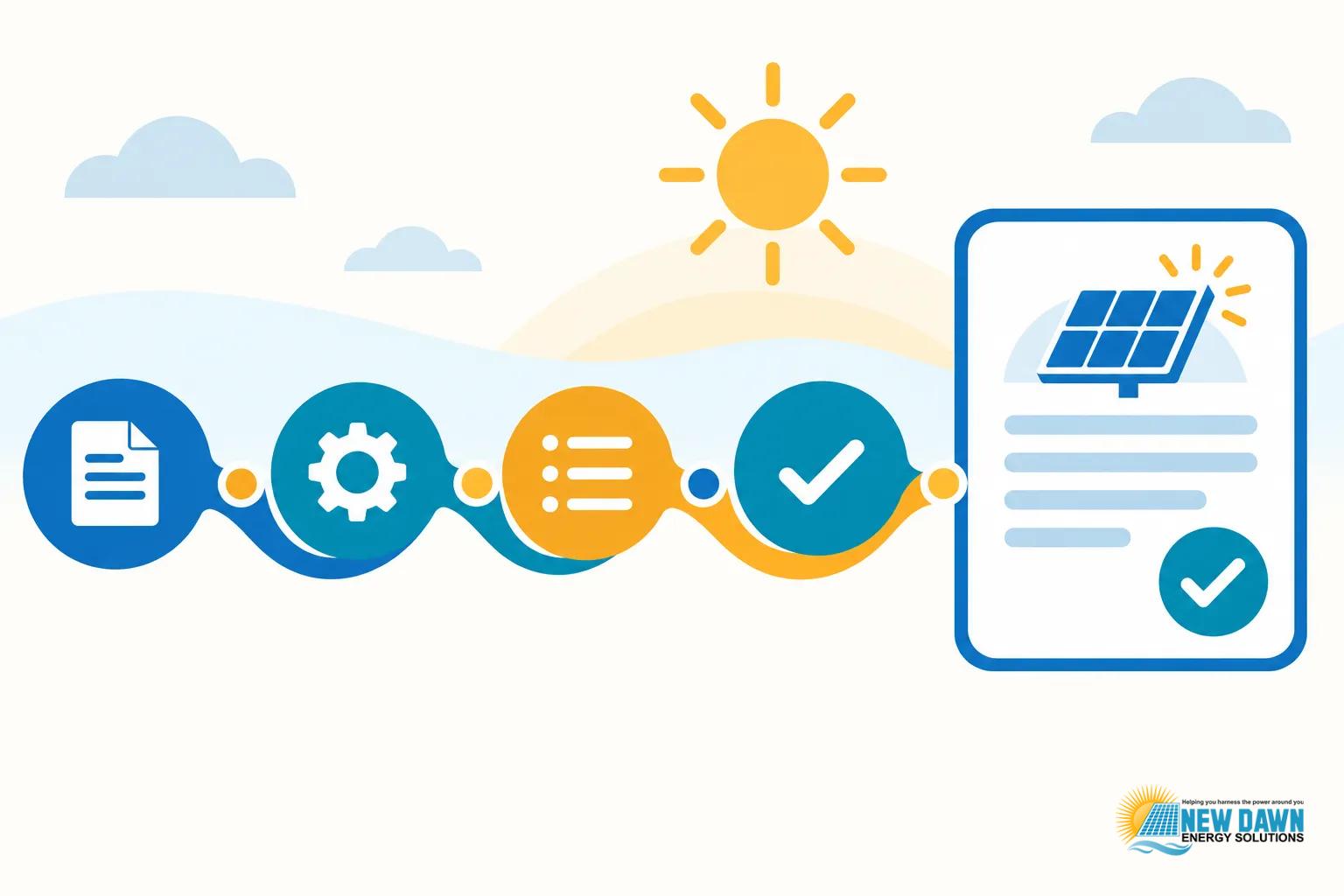 Illustration showing a solar panel document with a row of connected icons and a checkmark on a mobile display.