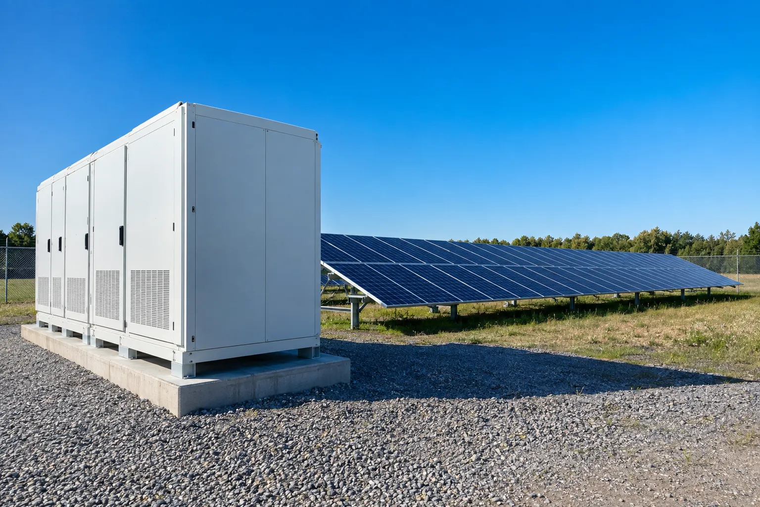 Industrial battery storage cabinet beside a row of solar panels in a sunny field.