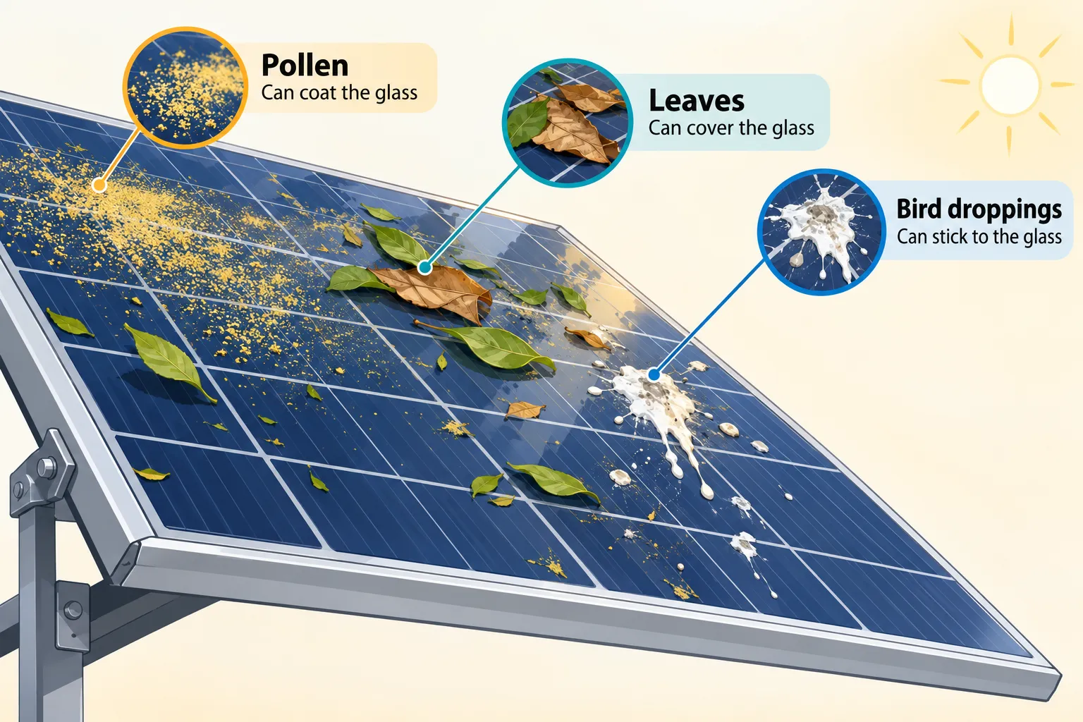 Leaves and pollen on a solar panel with a small bird droppings spot visible on the surface under a sunny sky.