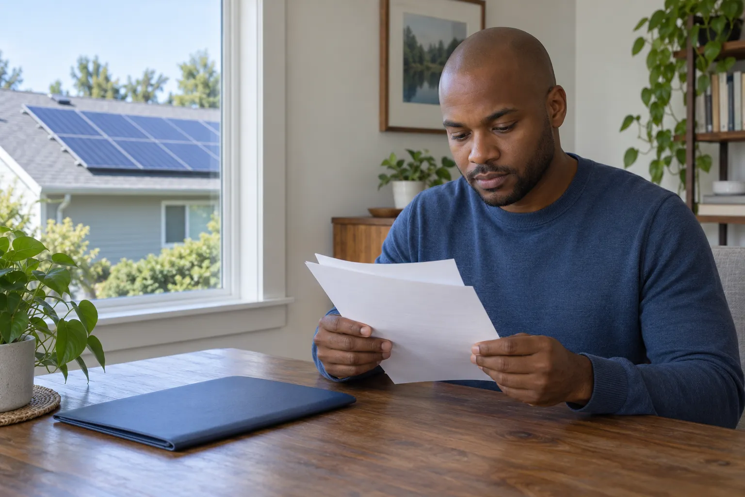 A man sits at a wooden table reading a letter indoors with a laptop nearby and sunlight streaming through a window.