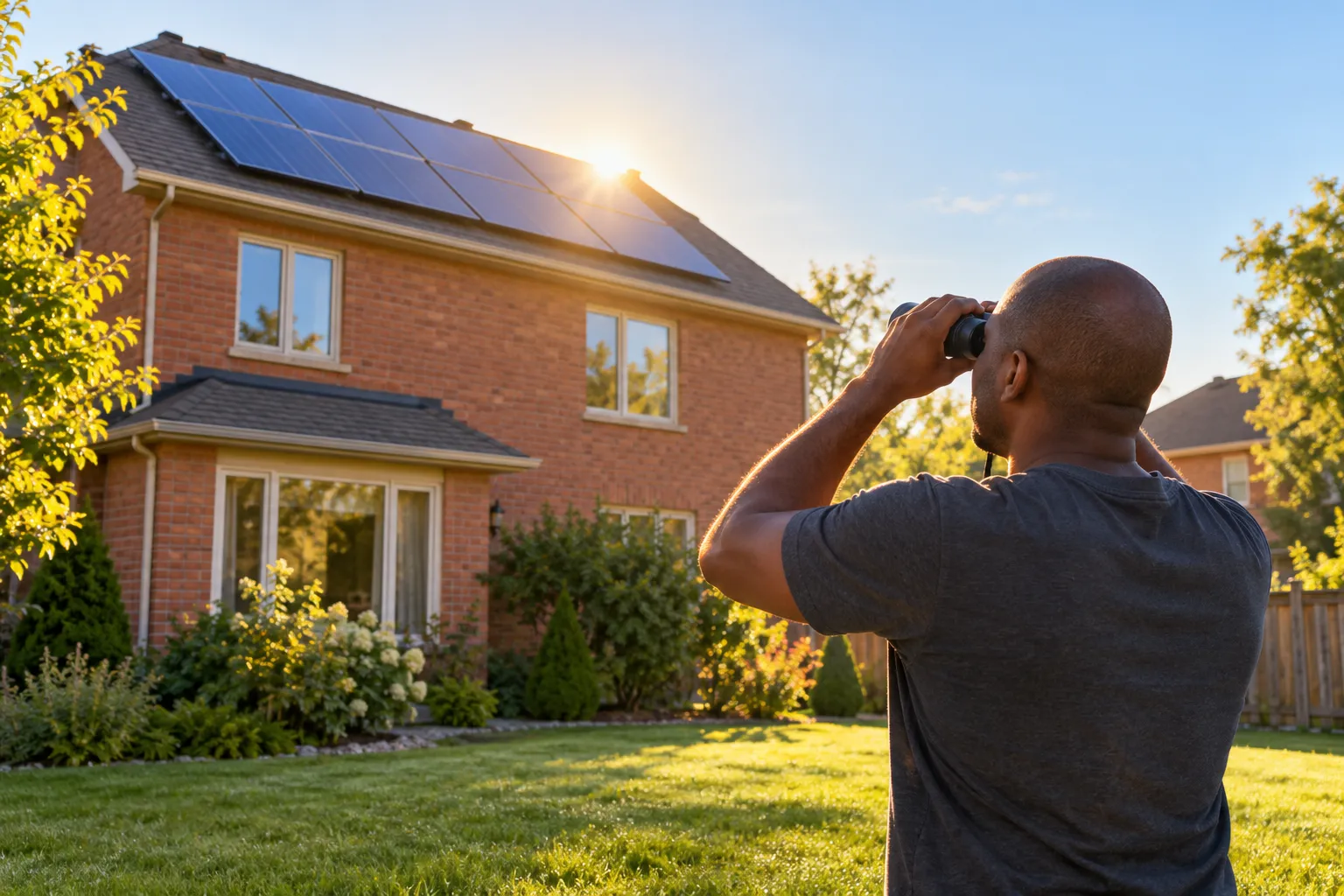 A man stands in a yard looking through binoculars at solar panels mounted on the roof of a two-storey brick house.