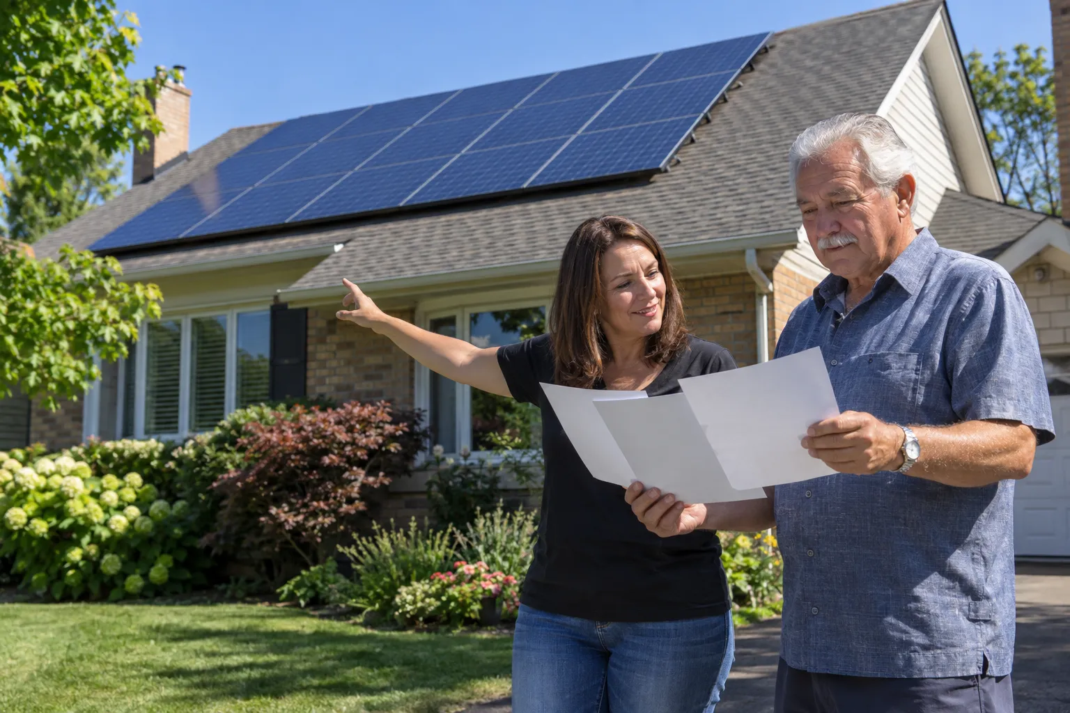A man and a woman review solar installation plans in front of a house with a large rooftop solar array.