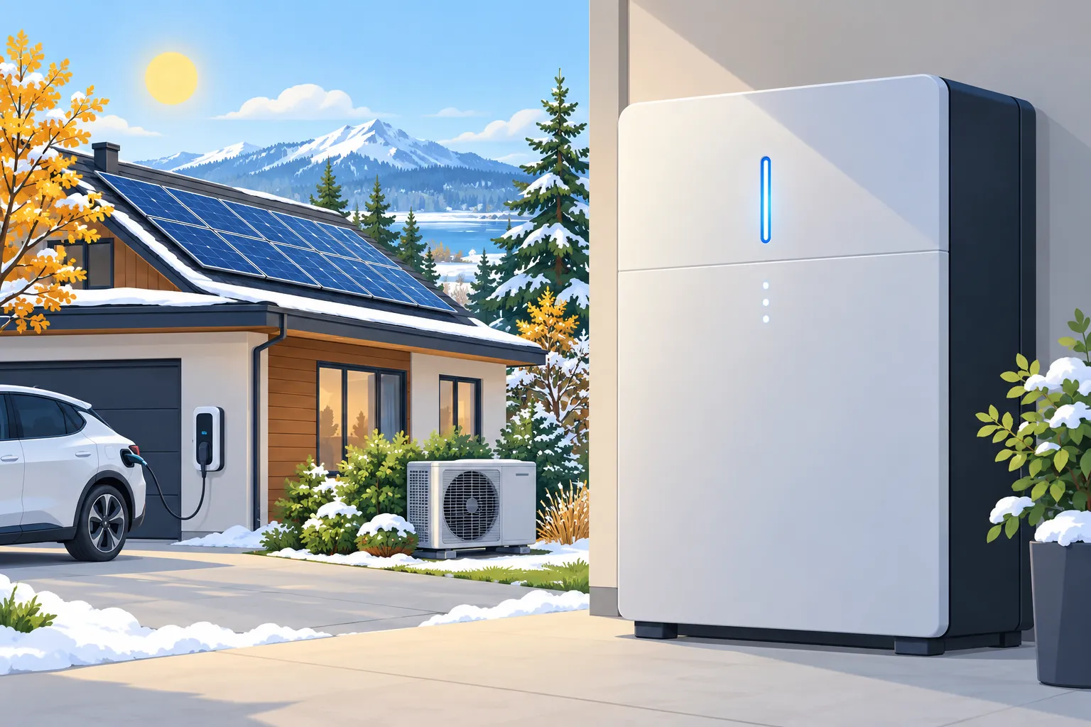 A modern home with solar panels on the roof, an electric vehicle charging wall unit outside, and a large white battery