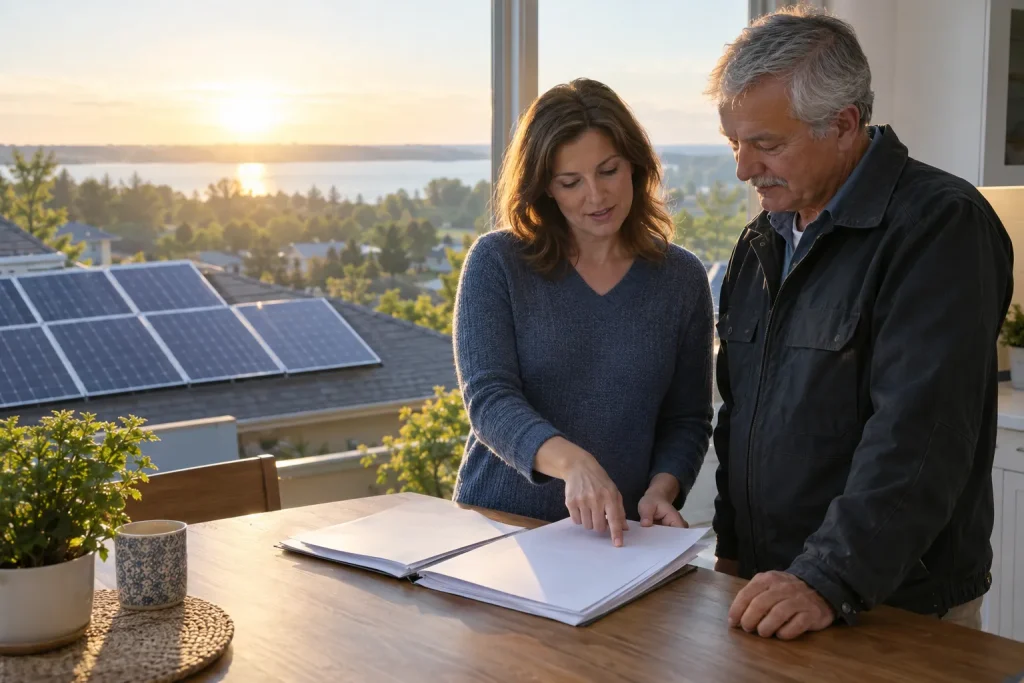 An older couple reviews a binder of documents at a kitchen table with solar panels visible outside.