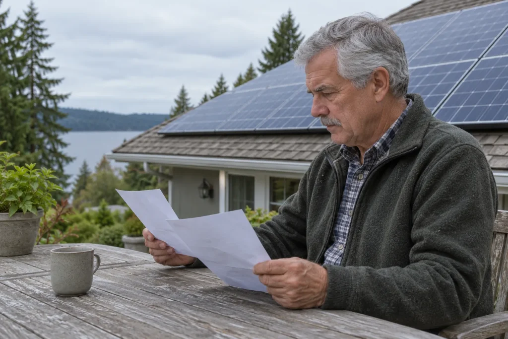 An older man sits at an outdoor table reading a sheet of paper with solar panels on a house in the background.