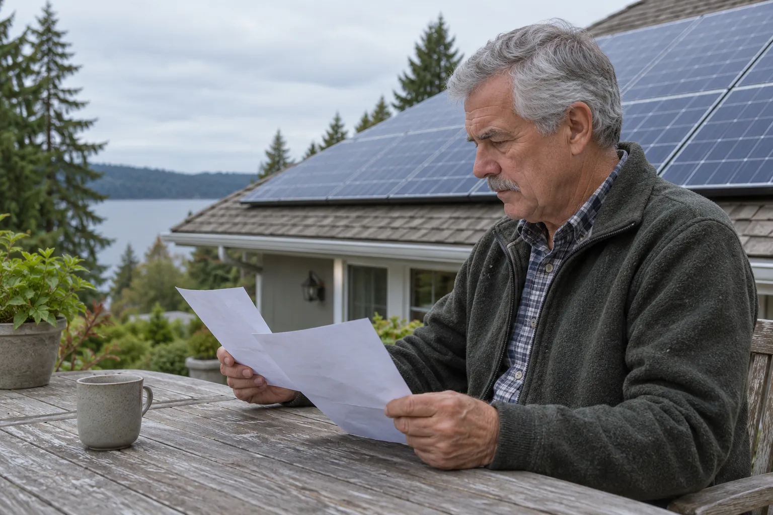 An older man sits at an outdoor table reading a sheet of paper with solar panels on a house in the background.