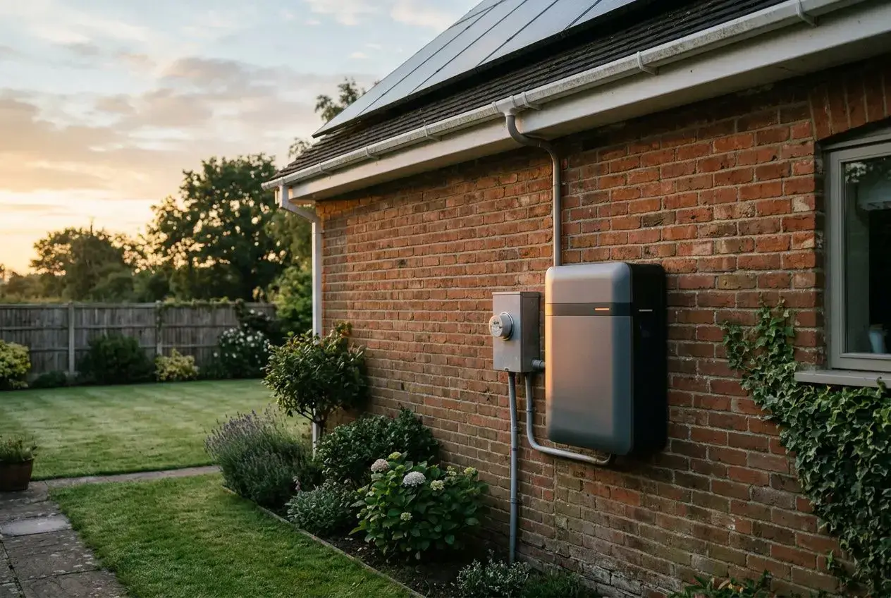 Panel-mounted home backup battery system installed on a brick house exterior, with solar conduit and a small utility box nearby. suited for whole home solar battery backup.