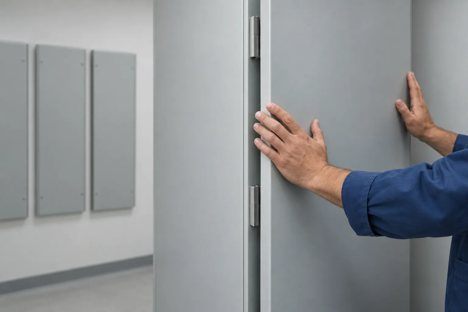 A person in a blue uniform opens a large industrial metal door in a clean facility.