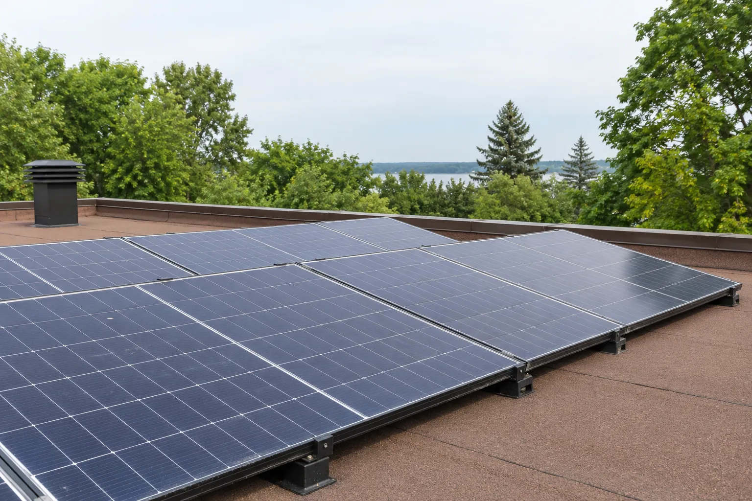 Rooftop solar panels installed on a flat roof with trees and a distant water view.