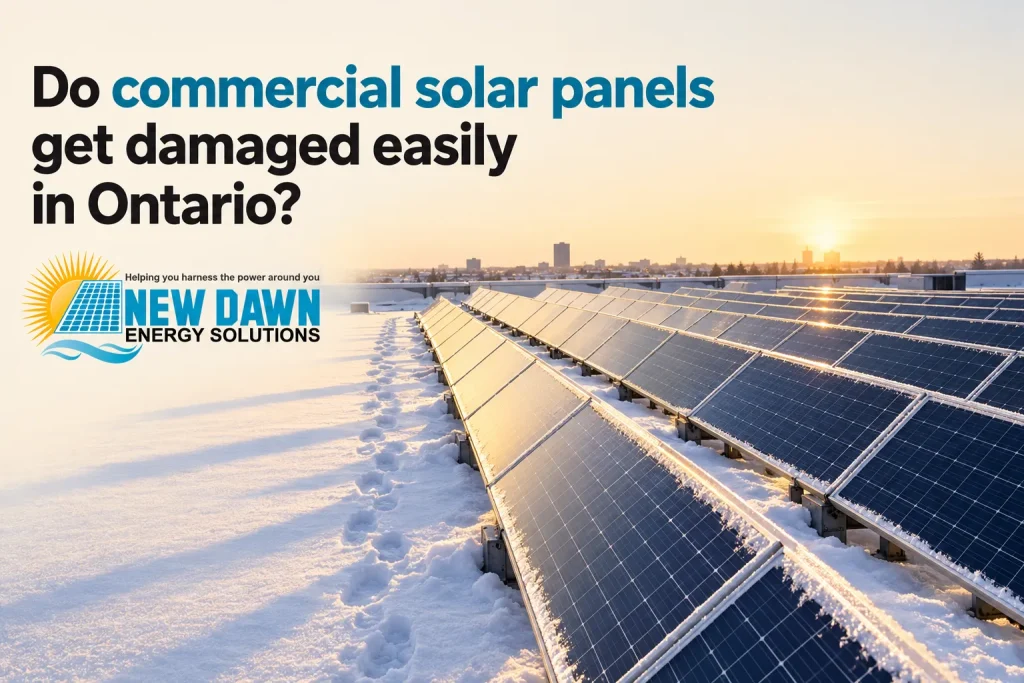 Rows of solar panels stand on a snow-covered rooftop at sunset.