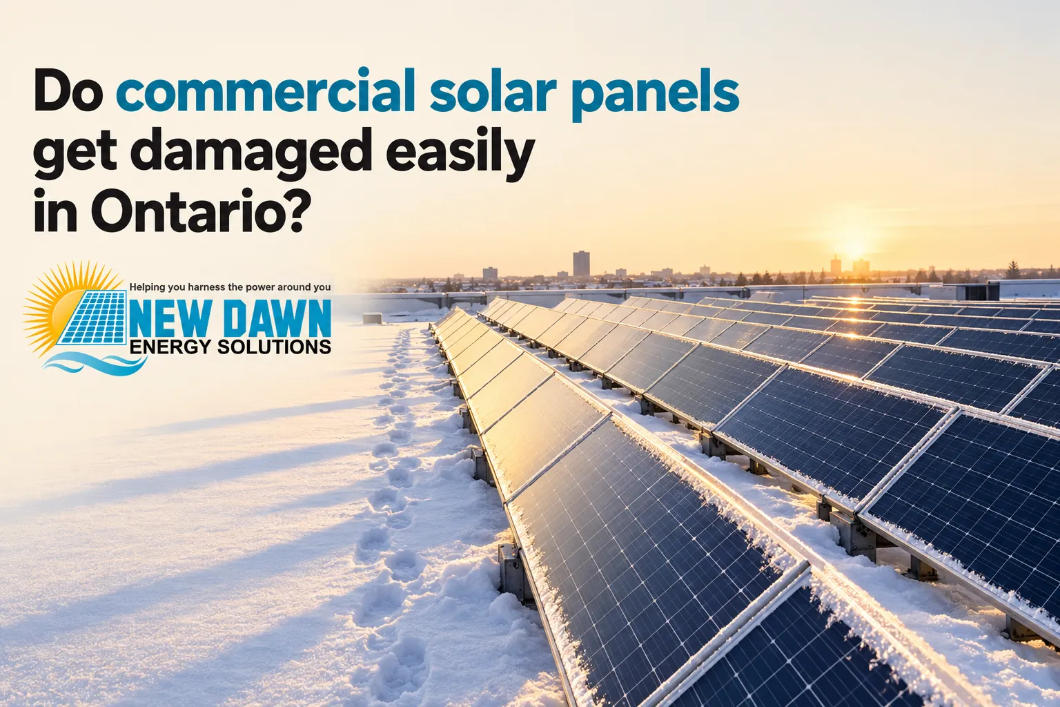 Rows of solar panels stand on a snow-covered rooftop at sunset.