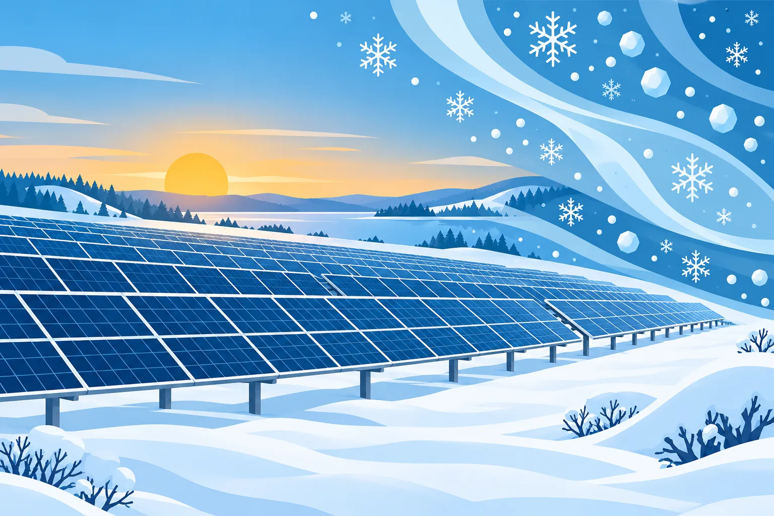 Rows of solar panels stand in a snowy field under a sky filled with snowflakes.