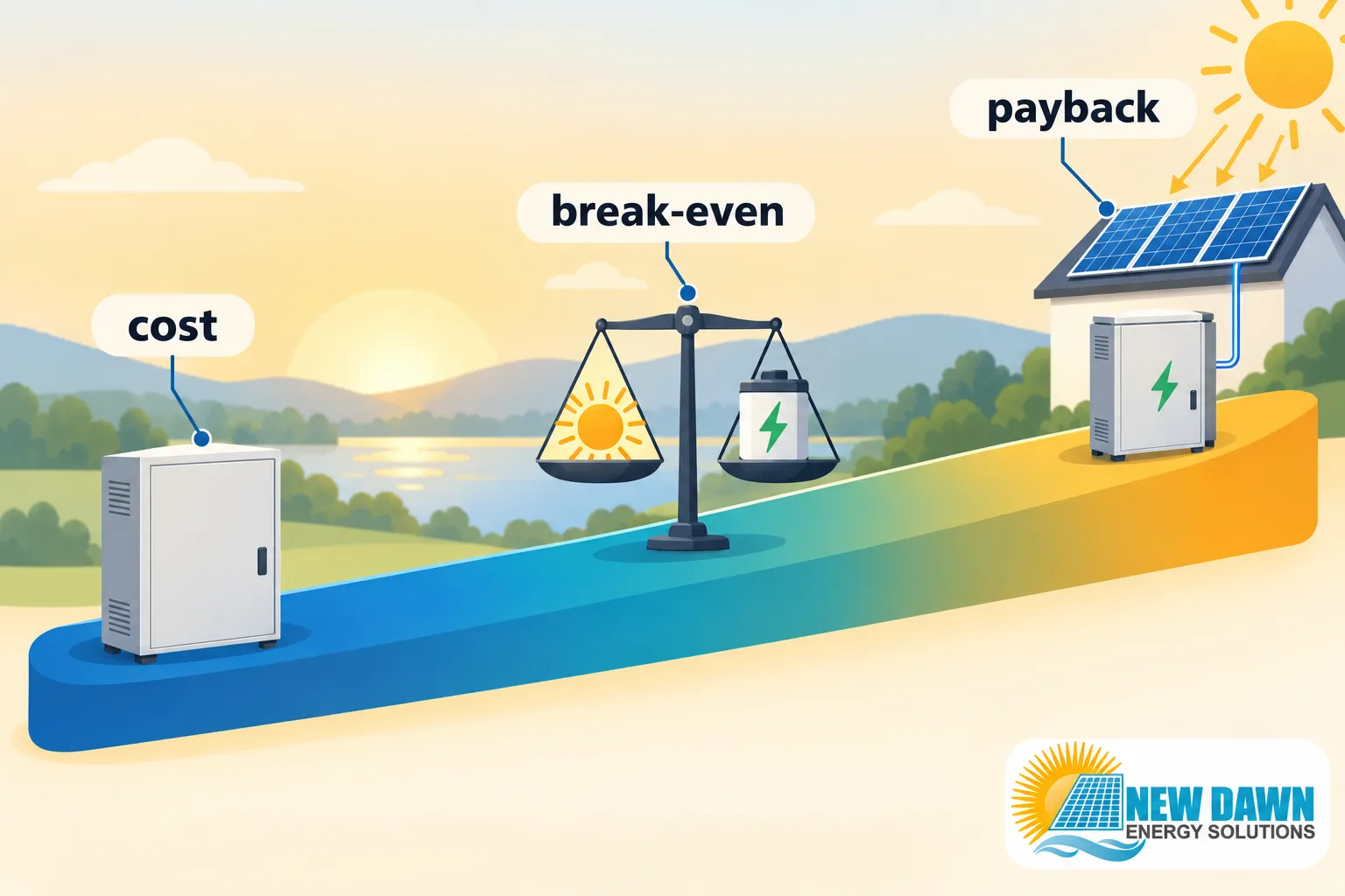 A scale balancing a sun and a solar battery, with a cost on one side and break-even and payoff on the other, beside a solar