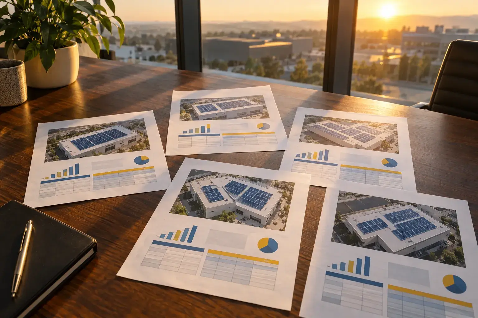 Several printed solar panel layout sheets lie spread across a wooden table by a window.