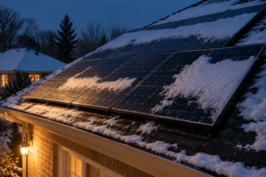 Snow rests on solar panels mounted on a residential roof at dusk.