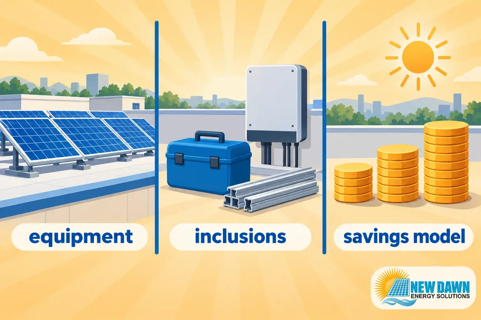 Solar equipment and tools arranged in panels with the word equipment, inclusions, and savings model shown side by side.