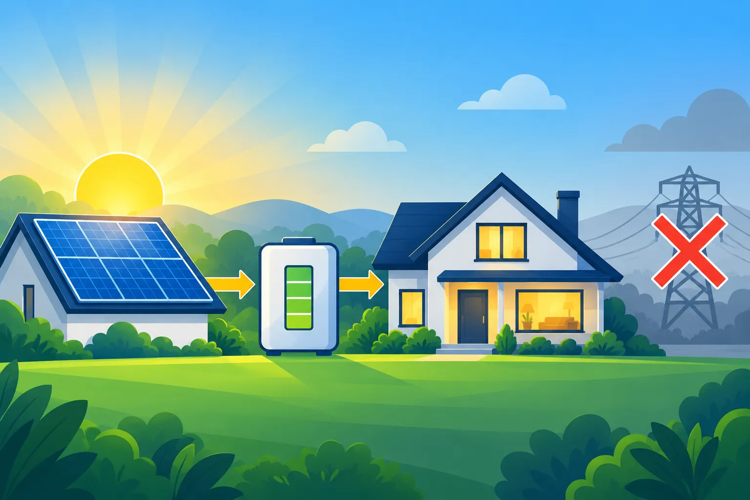 A solar panel system charging a home with a large red X indicating power outage.
