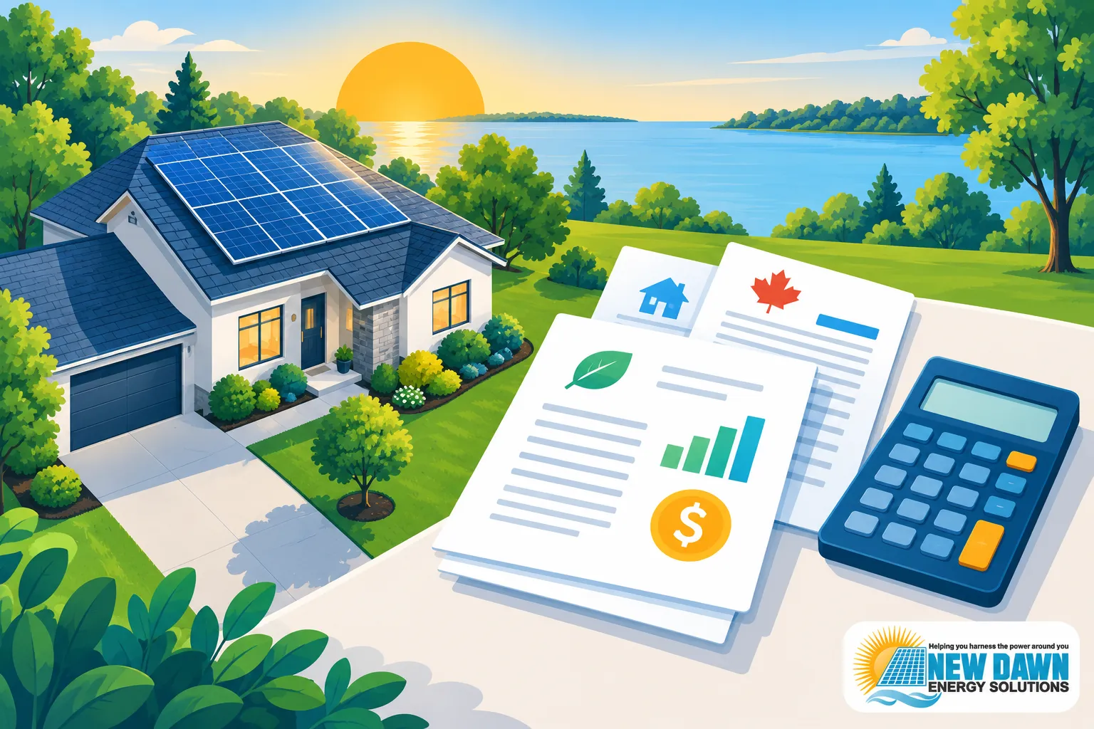 A solar-powered house beside a sunny landscape with paperwork and a calculator in the foreground.