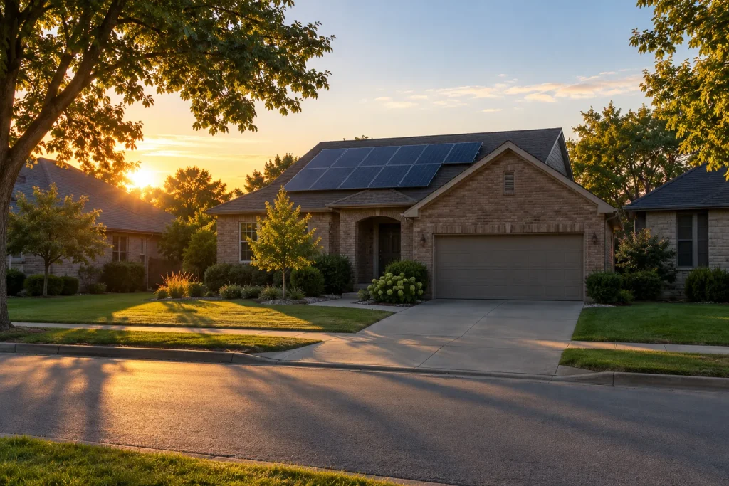 A sunny suburban house with solar panels on the roof and a well-kept front yard.