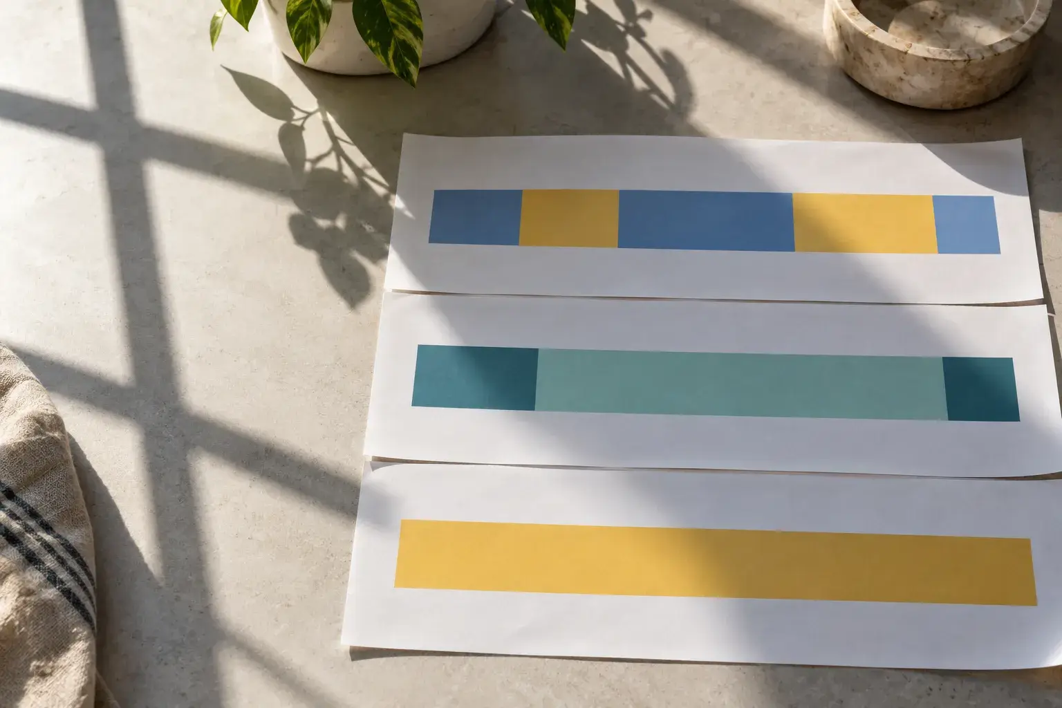 Three colour-block strips laid out on white sheets, each representing a section of a chart.