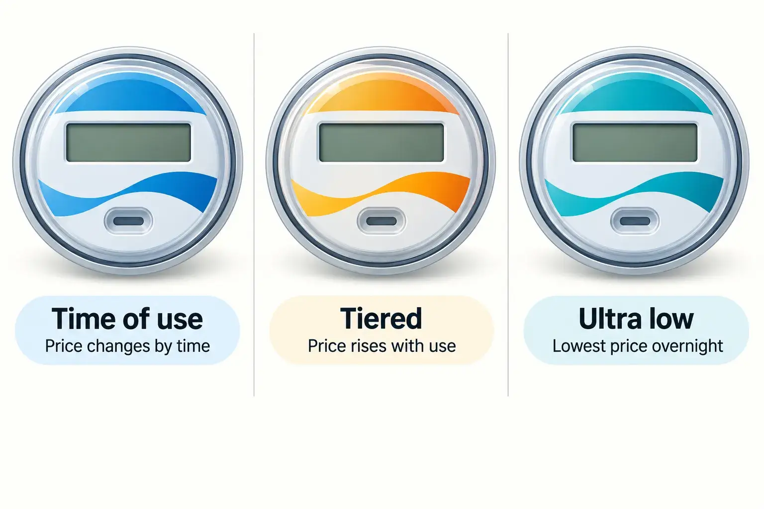 Three electric meters showing different rate concepts: Time of use, Tiered, and Ultra low controls.