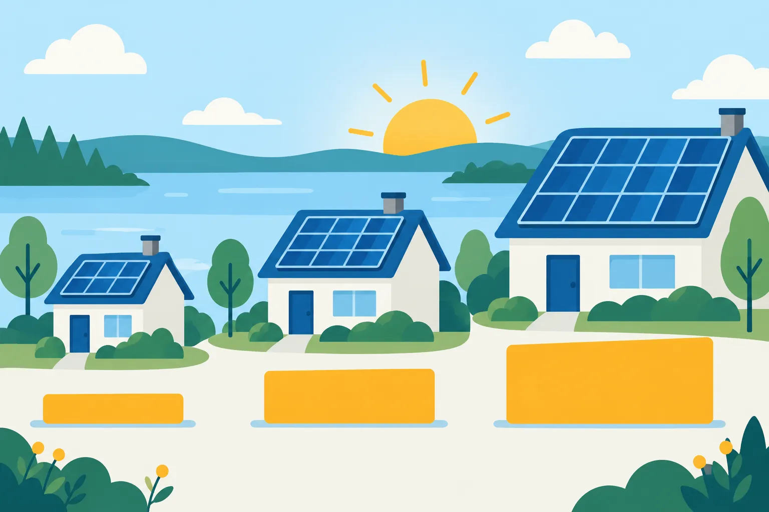 Three houses with solar panels on their roofs sit in a sunny, green neighborhood by a lake.