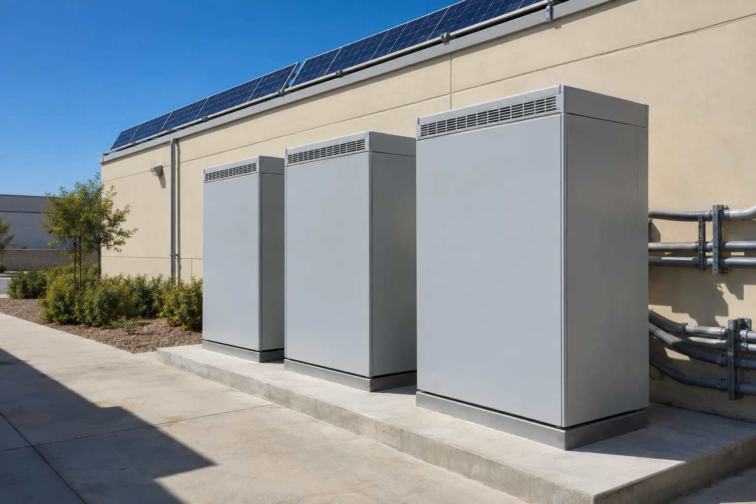 Three large industrial electrical cabinets sit on a concrete pad beside a building with solar panels on the roof.