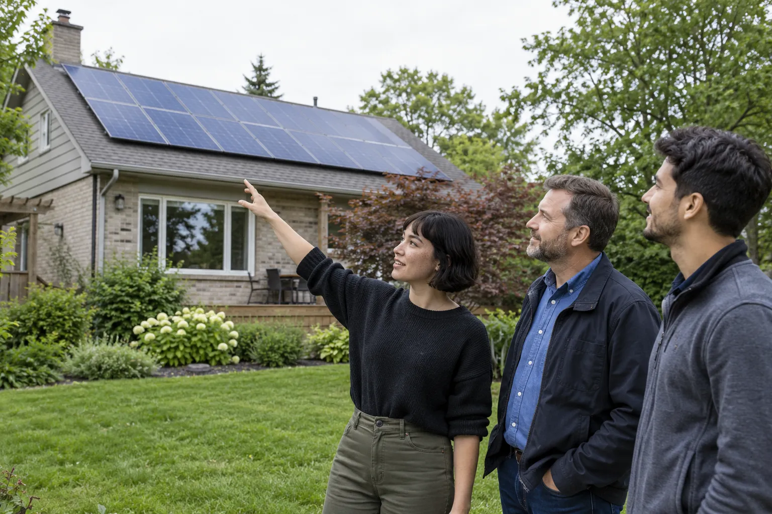 Three people stand in a yard in front of a house with solar panels, inspecting the rooftop.