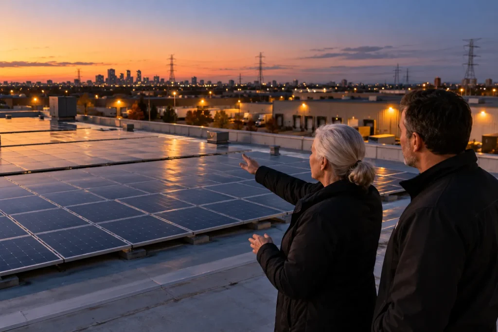 Two people stand beside rooftop solar panels overlooking industrial buildings at sunset.
