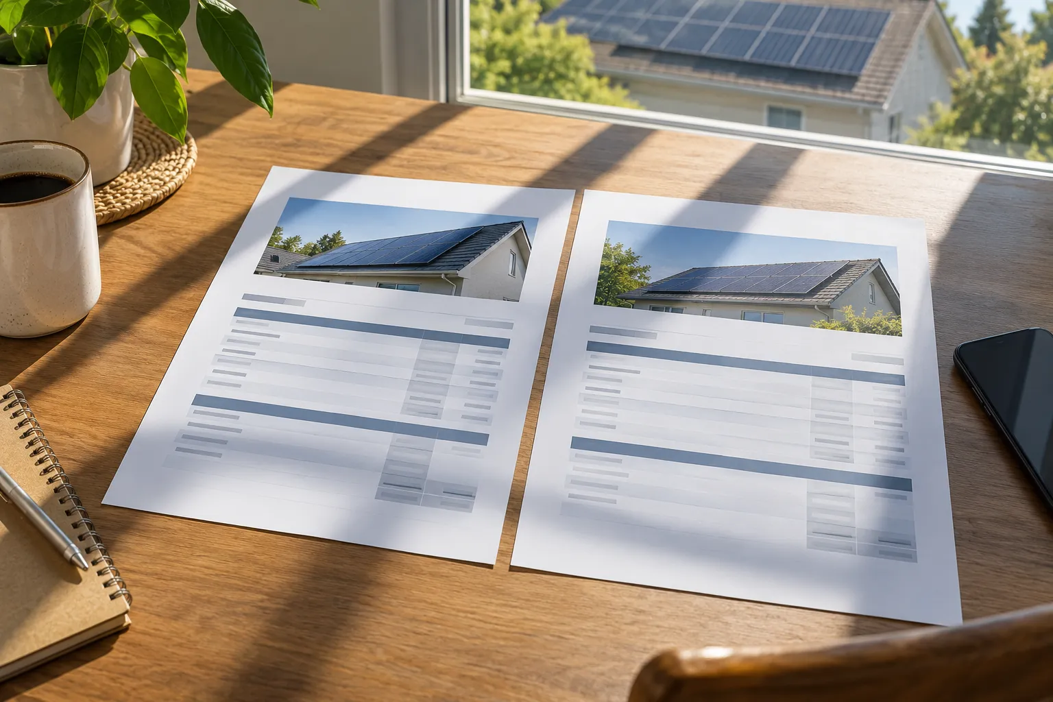 Two printed proposal sheets with house photos and data lie on a wooden desk beside a coffee mug and notebook.