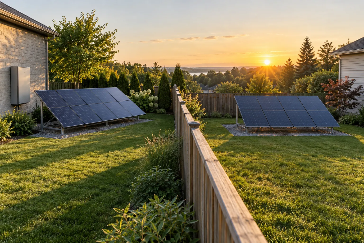 Two solar panels angled on a grassy backyard lawn at sunset, with a wooden fence and nearby houses.
