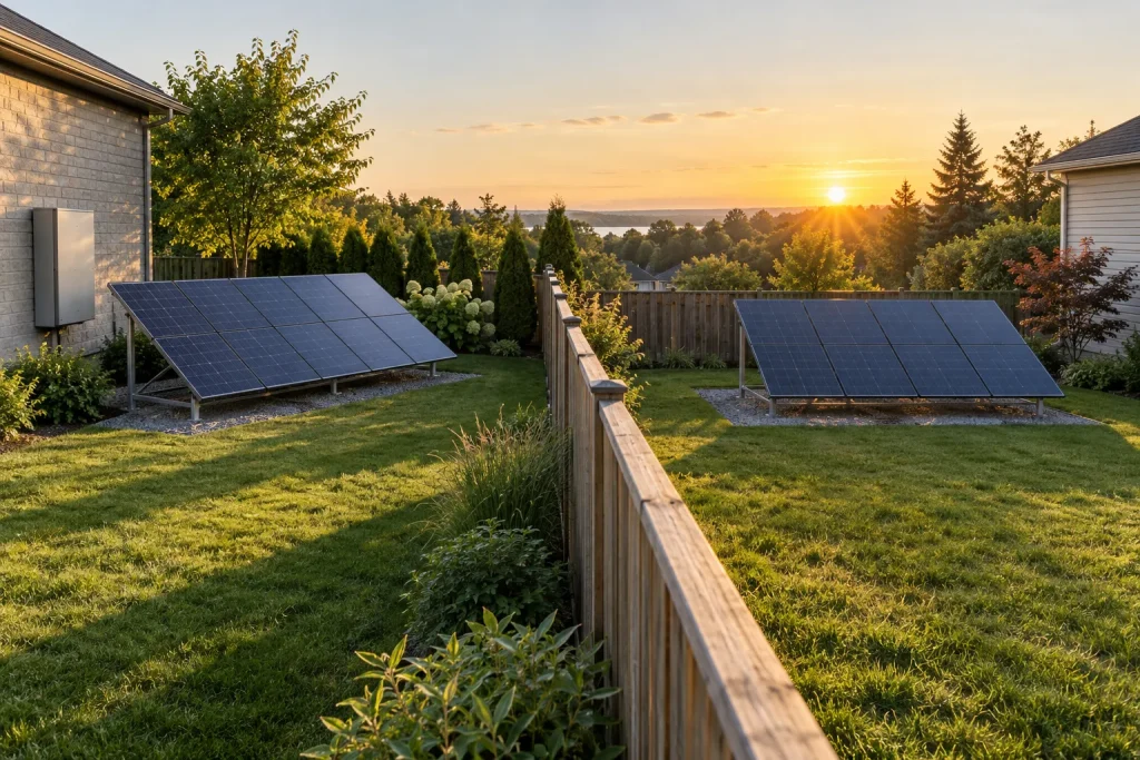 Two solar panels angled on a grassy backyard lawn at sunset, with a wooden fence and nearby houses.