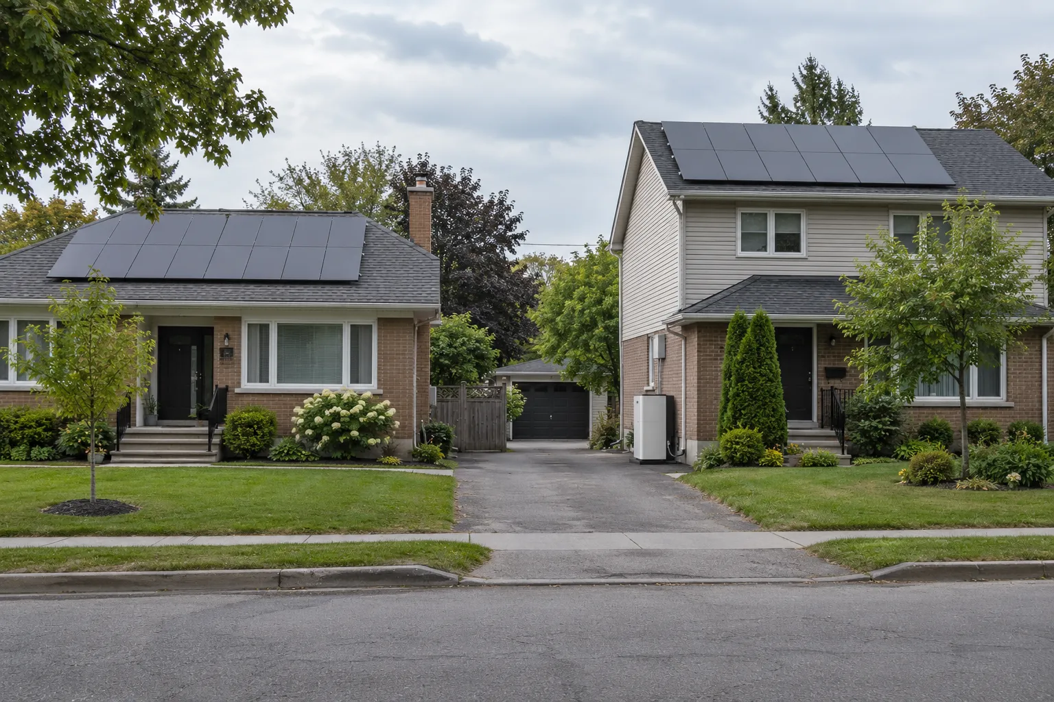 Two suburban houses with solar panels on their roofs facing a quiet street.