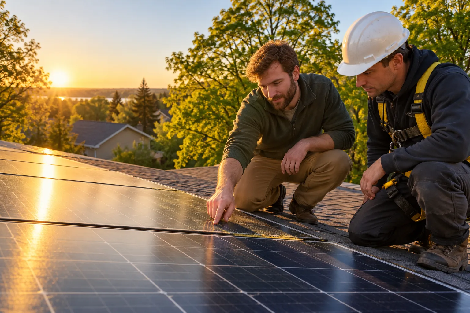 Two workers inspect and point to a solar panel array on a sunlit rooftop, with trees and a house in the background.
