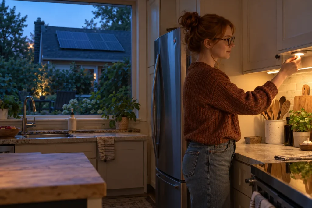 A woman adjusts a light under-cabinet in a warmly lit kitchen at dusk.