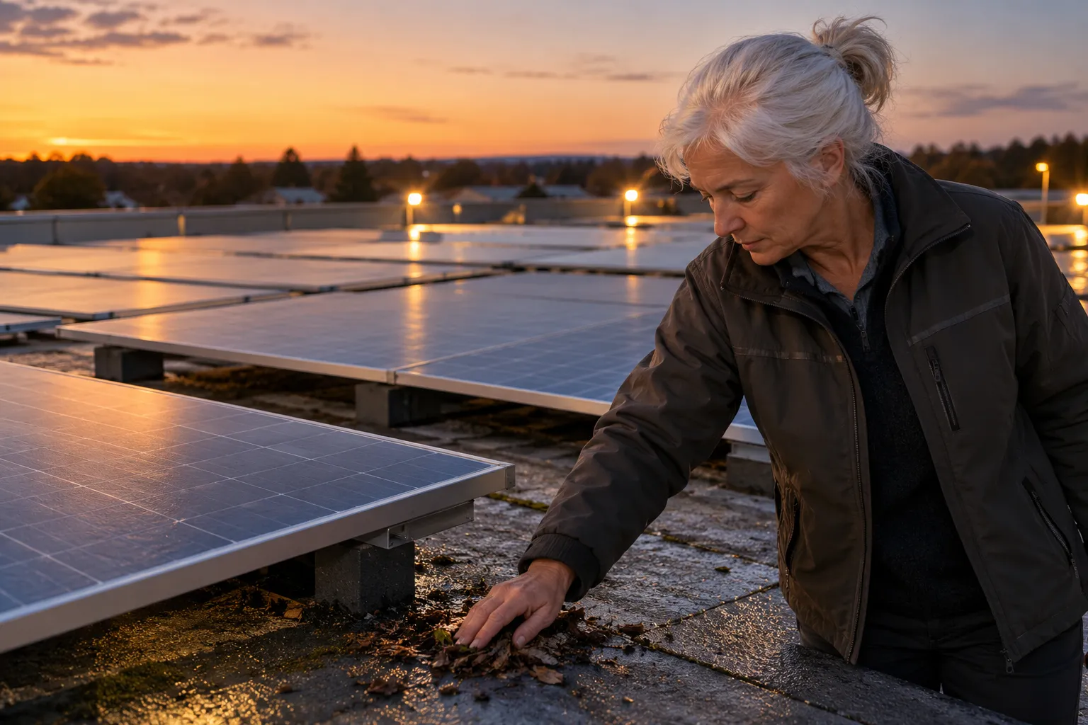 A woman inspects the roof beside rows of solar panels at sunset.