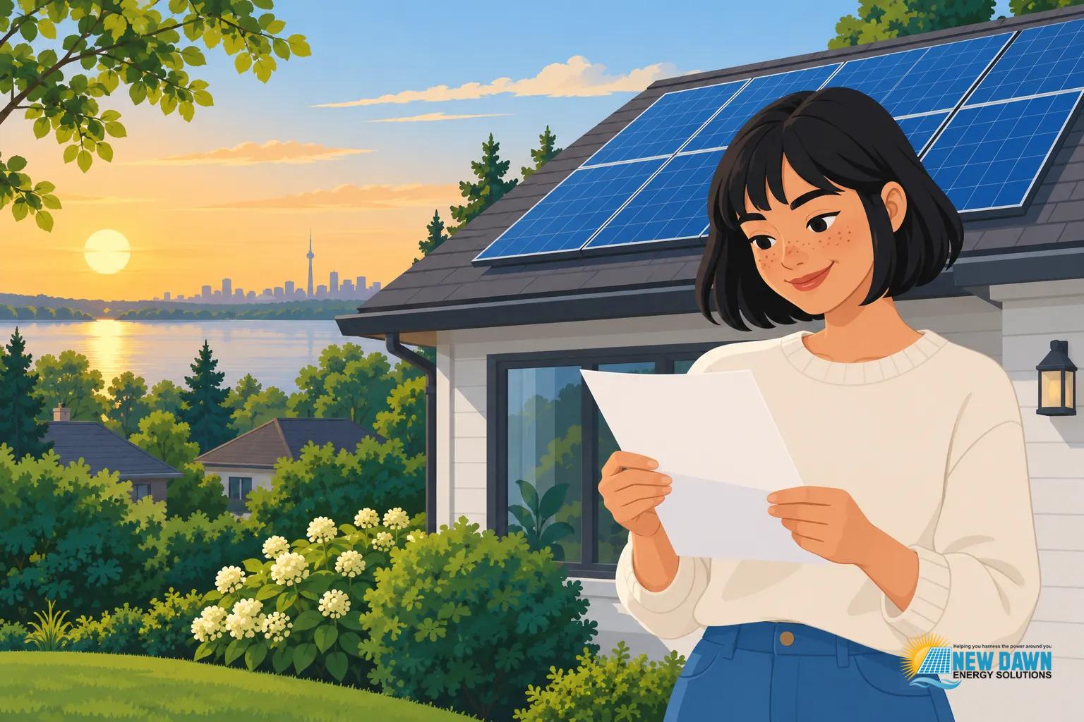 A woman stands outside a house reading a sheet of paper with solar panels on the roof at sunset.